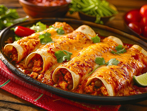 Enchiladas (United States and Mexico): Tortillas filled with meat, cheese and sauces, baked or covered in sauce.