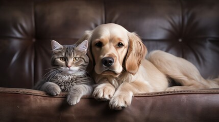 endearing image featuring cute dogs and a cat together on a white background, portraying the joy of diverse pet friendships and promoting the idea of a harmonious pet family