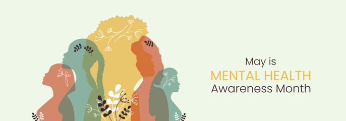 May is Mental Health Awareness month Banner. Horizontal design with people silhouette in flat style. Informing, reminding about importance of good state of mind. Psychological well-being presentation
