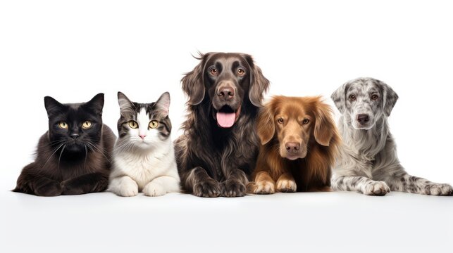 endearing image featuring cute dogs and a cat together on a white background, portraying the joy of diverse pet friendships and promoting the idea of a harmonious pet family