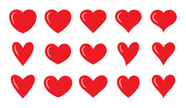 Set of glossy hearts in red color. Set of hearts in red color, Red heart icons set vector, Set of 15 hearts of different shapes for web. Heart collection. Vector Art
