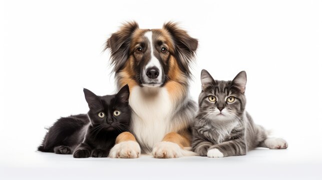 endearing image featuring cute dogs and a cat together on a white background, portraying the joy of diverse pet friendships and promoting the idea of a harmonious pet family
