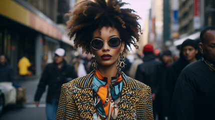 A photo captures a bustling city's street fashion scene, showcasing diverse styles and personal statements, highlighting the individuality and dynamic fashion culture.
