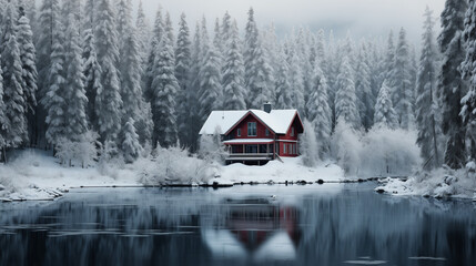 Obraz premium A photo visually captures the essence of a remote cabin in a snow-covered forest, surrounded by untouched nature, emphasizing isolation and a serene connection with the natural world.