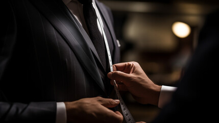 A photo captures a tailor measuring a suit with meticulous attention, ensuring a perfect fit and showcasing the art of bespoke tailoring. - obrazy, fototapety, plakaty