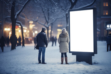 couple stands enveloped in a snowy evening, absorbed by the vast emptiness of a billboard, a silent beacon in the bustling urban winter scape