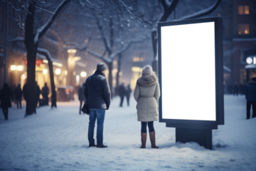 couple stands enveloped in a snowy evening, absorbed by the vast emptiness of a billboard, a silent beacon in the bustling urban winter scape