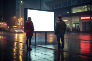couple stands absorbed in thought before an empty billboard, the city's nocturnal pulse reflected on rain slicked streets around them