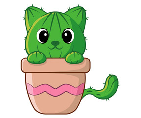 cute cat cactus cartoon style. kitty character illustration isolated on white background