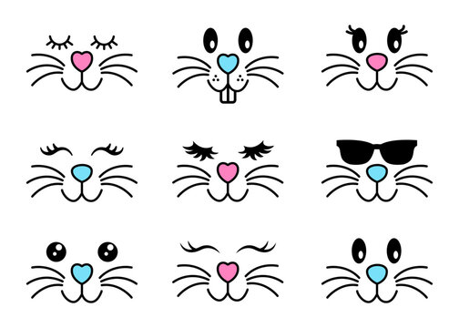 collection bunny faces hand drawn cartoon style. cute illustration isolated on white 