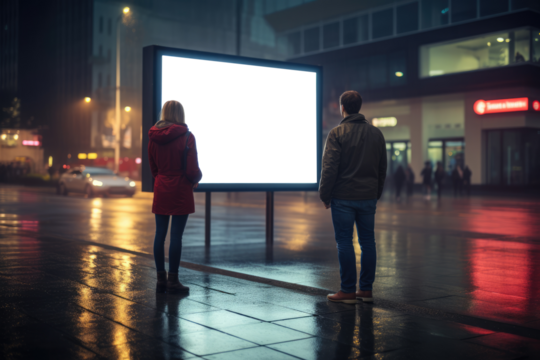couple stands absorbed in thought before an empty billboard, the city's nocturnal pulse reflected on rain slicked streets around them