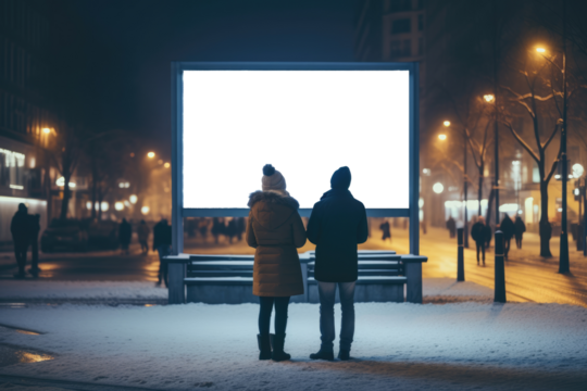 couple stands before a stark, empty billboard, an untouched canvas against the bustling city night, snow gently falling around them