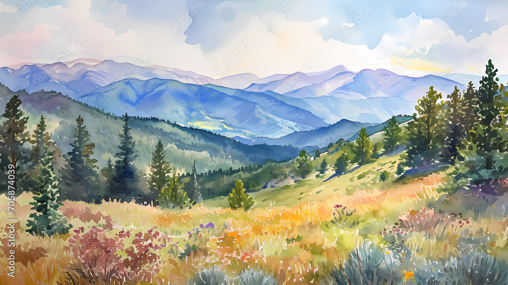 Wall mural a watercolor landscape of mountains and trees in summer - Wall murals