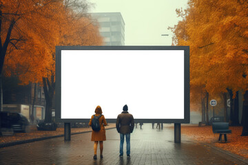 couple stands before an empty billboard on a foggy autumn morning, surrounded by the golden hues of fall leaves, creating a scene of quiet reflection
