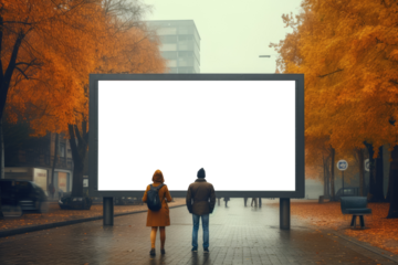 couple stands before an empty billboard on a foggy autumn morning, surrounded by the golden hues of fall leaves, creating a scene of quiet reflection