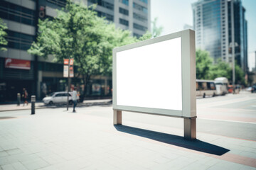 Amidst a vibrant cityscape, an empty billboard mockup stands on a busy sidewalk, offering endless possibilities for urban communication