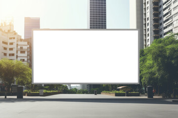 Obraz premium In the heart of the city, an expansive empty billboard mockup stands against a backdrop of skyscrapers and lush trees, ready for a creative display