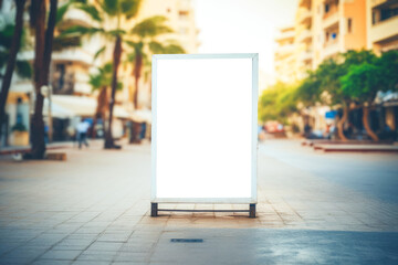 empty billboard mockup stands under the summer sun, amid palm trees on a bustling urban promenade,...