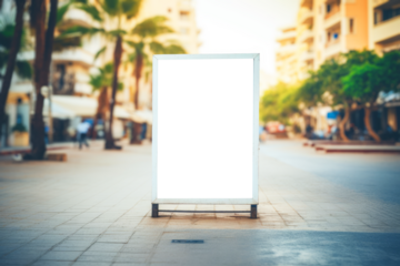 empty billboard mockup stands under the summer sun, amid palm trees on a bustling urban promenade, waiting to convey its next message