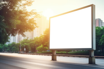 Fototapeta premium empty billboard basks in sunlight at the roadside, a blank canvas against the bustling urban backdrop and verdant city greenery
