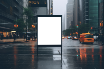 empty billboard mockup stands silent on a wet city street, reflecting the rain soaked hustle of the urban morning commute