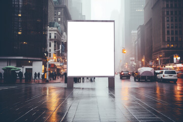 empty billboard mockup stands silent on a wet city street, reflecting the rain soaked hustle of the urban morning commute - obrazy, fototapety, plakaty