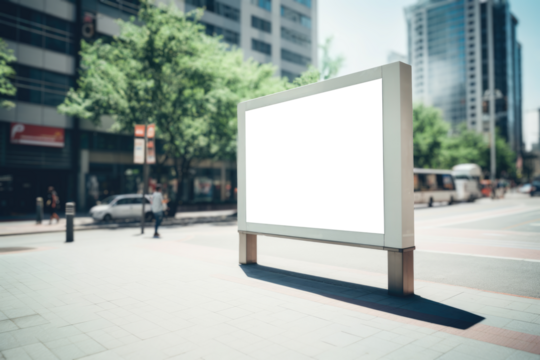 Amidst a vibrant cityscape, an empty billboard mockup stands on a busy sidewalk, offering endless possibilities for urban communication
