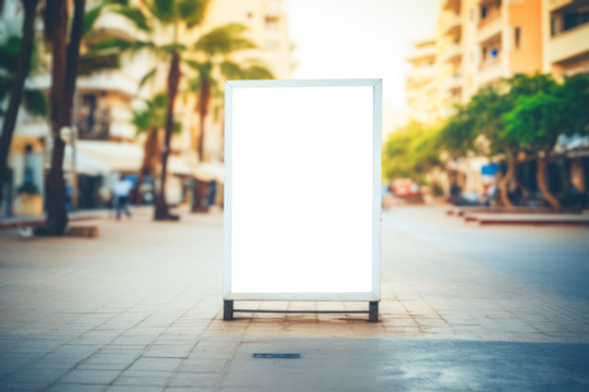 empty billboard mockup stands under the summer sun, amid palm trees on a bustling urban promenade, waiting to convey its next message