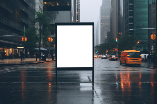empty billboard mockup stands silent on a wet city street, reflecting the rain soaked hustle of the urban morning commute