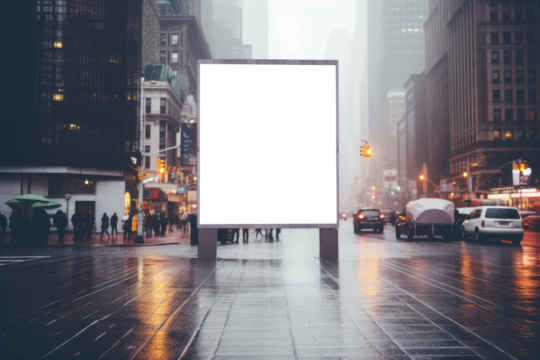 empty billboard mockup stands silent on a wet city street, reflecting the rain soaked hustle of the urban morning commute