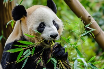 Cute wild panda eats bamboo. AI generative
