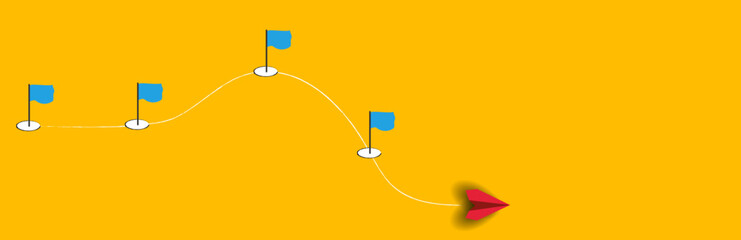 red plane going through workflow challenges one by one. Workflow, working process, project progress, success tracking, work experience idea concept.