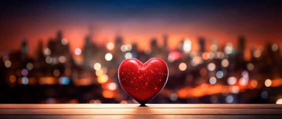 valentine's day red heart on top of a table, with blurred cityscape on the background, horizontal banner, copy space for text