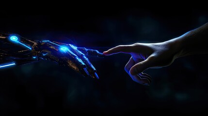 In these captivating images, a human hand delicately meets the cool touch of a robot's hand, evoking a powerful sense of curiosity and unity - obrazy, fototapety, plakaty