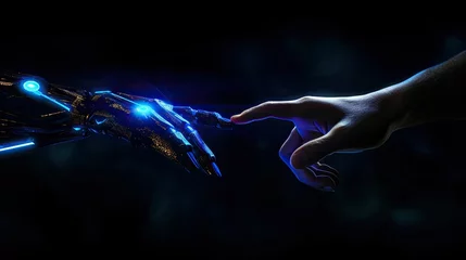 Poster In these captivating images, a human hand delicately meets the cool touch of a robot's hand, evoking a powerful sense of curiosity and unity © Fallen Satan