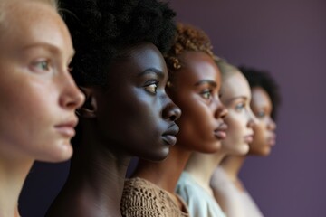 Obraz premium The power of Diversity: A portrait capturing the beauty of women from diverse races, ethnicities, and beliefs, celebrating the rich tapestry of skin tones and the joy of unity.
