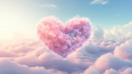 Pink heart shaped cloud background with sunlight. Valentine's day concept.
