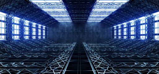 Sci Fi Futuristic Garage Bright Lights Huge Warehouse Tunnel Corridor Metal Construction Underground Studio Showroom Hangar Cyber Background 3D Rendering © IM_VISUALS