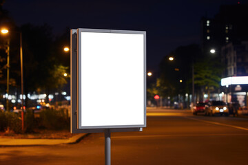 empty billboard mockup stands on a lively urban street at night, its blank canvas gleaming against...