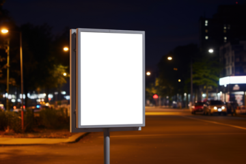 empty billboard mockup stands on a lively urban street at night, its blank canvas gleaming against the city lights