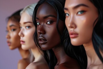 The power of Diversity: A portrait capturing the beauty of women from diverse races, ethnicities, and beliefs, celebrating the rich tapestry of skin tones and the joy of unity.