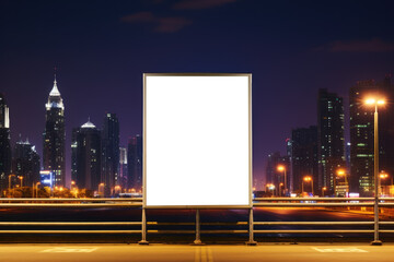 empty billboard stands before a bustling cityscape at night, awaiting its next vibrant advertisement