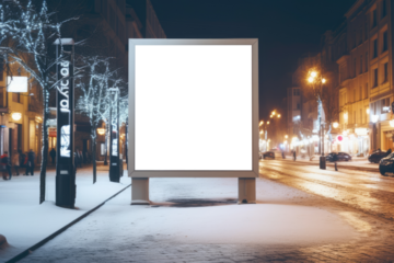 vacant billboard stands as a stark contrast against a wintry city scene, wrapped in the quiet of a snowy evening