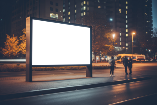 billboard mockup emerges amid the urban night, a silent beacon against a backdrop of city bustle and amber street lights