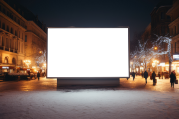 empty billboard stands out against the festive lights and snowy backdrop, capturing the essence of winter in the city