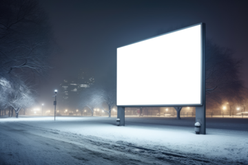 solitary billboard stands under the watchful eyes of city lights, the winter's snow laying a quiet blanket on the streets below