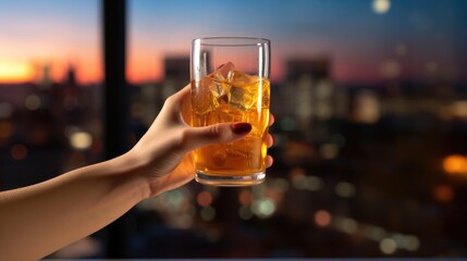 female hand holds a glass of alcohol with a blurred backdrop
