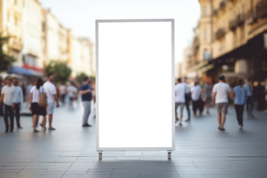 Bustling city walkway with an unoccupied advertising board standing amidst a throng of people going about their day