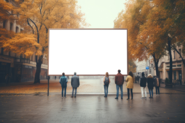 diverse group of people stands before an empty billboard mockup on a city street lined with golden autumn trees