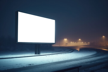 frost covered roadside billboard stands out in the cold evening as diffuse light from nearby street lamps filters through the fog - obrazy, fototapety, plakaty